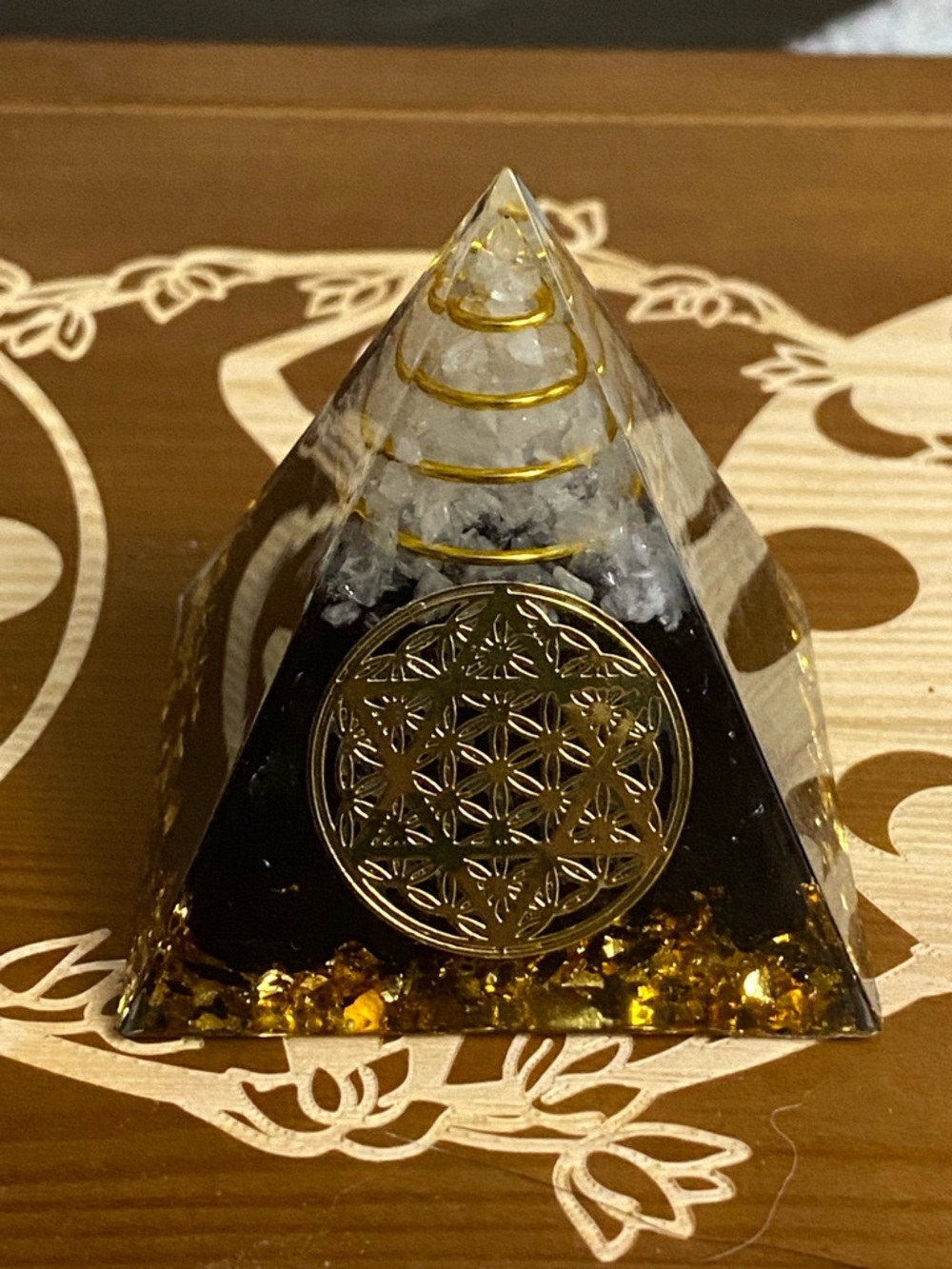 Orgone Pyramid Decorative Crystals Obsidian & Clear Quartz Gold Coin Accents